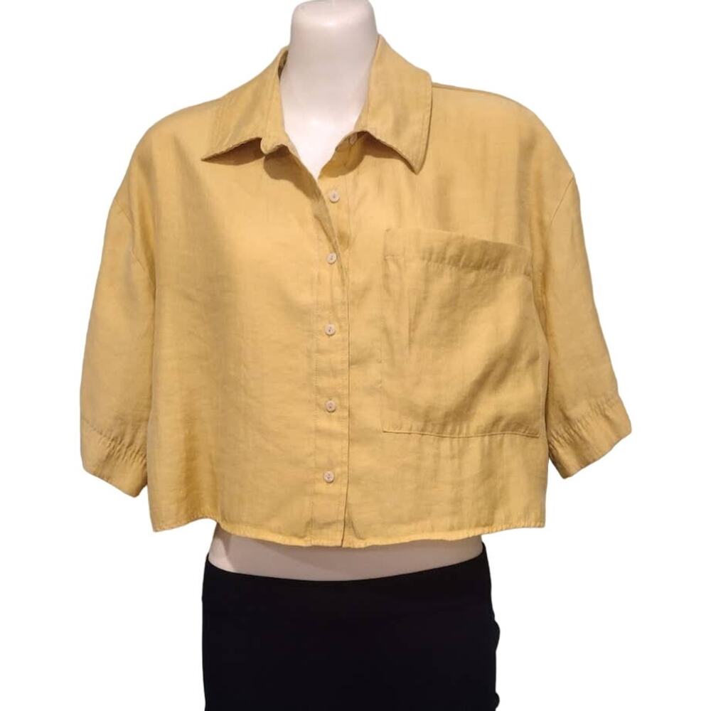 Pull&Bear Button Up Cropped Top,‎ Gold, Sz XS